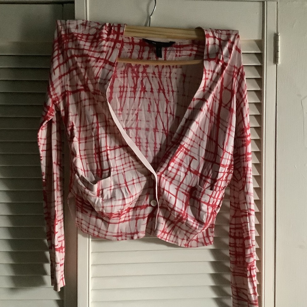 BCBG cream and red scribble print cardigan xs